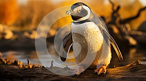 Golden Light: Stunning Hd Photograph Of Penguin Perched On Log photo