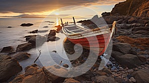 Golden Light: A Stunning Red Wooden Boat On Scottish Landscapes