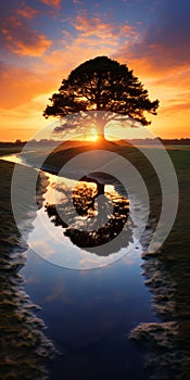 Golden Light: A Stunning Uhd Image Of A Tree Reflected In Water