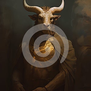 Golden Light: A Stylized Portrait Of The Minotaur In Pre-raphaelite Minimalism