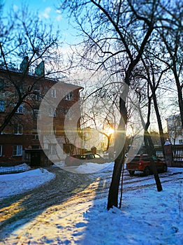 Golden light of the sun through the trees. Winter and city street.