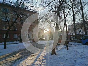 Golden light of the sun through the trees. Winter and city street.