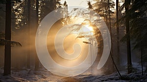 Golden Light: Sunbeam Illuminating A Misty Winter Forest