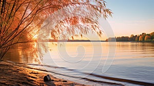 Golden Light Tree By Water: Uhd Image Captured With Nikon D850