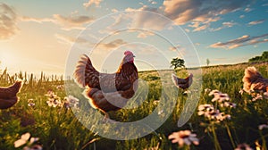 Golden Light: Two Chickens Grazing In A Field photo