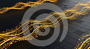 Golden Light Wave on Black Tile Background