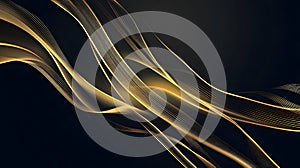Golden light waves on dark navy background, luxury abstract glowing theme