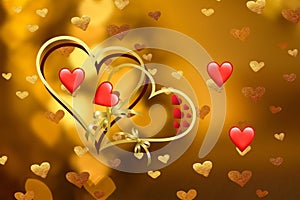 Golden lights in the shape of hearts in the defocus on a dark background. Celebrating Valentine`s Day,gold blurred background with