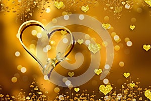 Golden lights in the shape of hearts in the defocus on a dark background. Celebrating Valentine`s Day,gold blurred background with