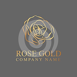 Golden line rose flora icon, yellow cosmetic logo design.