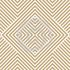 Golden linear vector geometric seamless pattern with diagonal stripes, squares