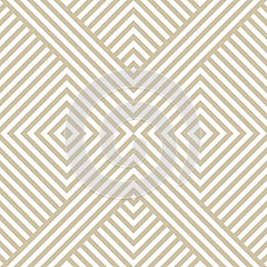 Golden linear vector geometric seamless pattern with diagonal stripes, squares, chevron.