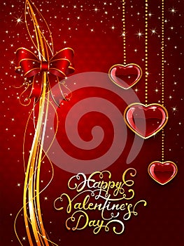 Golden lines on Valentines background with bow and hearts