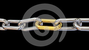 Golden link in chain isolated in black background - 3d rendering