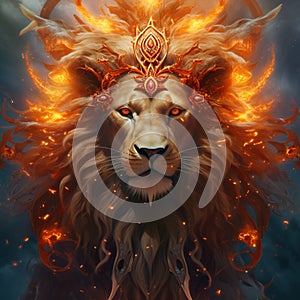 Golden lion engulfed in flames, eyes wide, adorned with a crown, AI-generated.