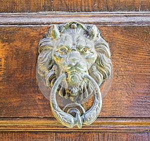 Golden lion head knocker on an old wooden door