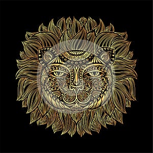 Golden Lion head. Tribal pattern. Image of a lion head on a black background. Can be used for logo, tattoo, horoscopes