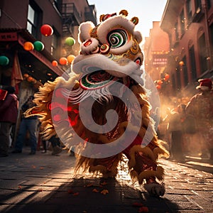 Golden Lions Dynamic Leap in Vibrant Chinatown Celebration