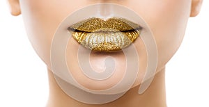 Golden Lips Make up Close up. Gold Beauty Woman Glitter Lipstick Gloss Makeup. Luxury Face Cosmetic