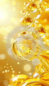 Golden liquid backdrop with oil bubbles and shimmering golden droplets for captivating visuals