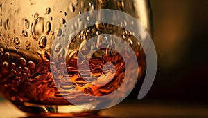 Golden liquid drops in whiskey glass reflection generated by AI