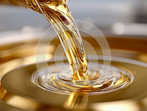 Golden liquid flowing smoothly into a shimmering reflective surface creating ripples and emphasizing fluid motion and translucent