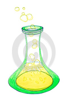 Golden liquid with flying bubbles bubbling in a bright green flask
