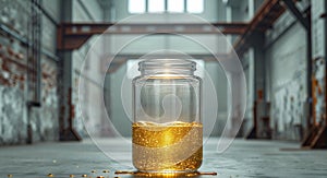 Golden Liquid in Glass Jar in Industrial Setting