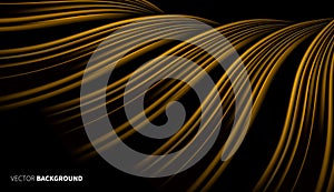 Golden liquid smooth waves on black background with lens flare. Geometric abstract Bright glowing Vector design.