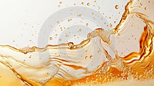 Golden liquid splashing with bubbles on a white background with copy space