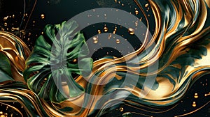 Golden liquid waves and monstera leaf abstract background. Generative AI
