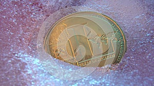 Golden Litecoin coin, lite coin online digital currency frozen in the blue ice. Concept of block chain, market crash. Frozen