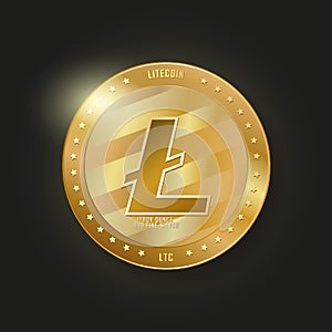 Golden litecoin. Cryptocurrency vector illustration. Realistic coin with glow on black background. Cryptocurrency LTC.