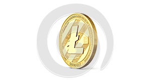 Golden Litecoin spinning counterclockwise in perfect loop isolated on white background.