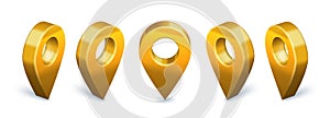 Golden locator pin 3D icon. Location map pointer rotation animation, gold metallic navigational markers and premium find