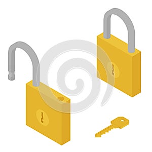 Golden locked unlocked padlock and key isometric view isolated on white background.