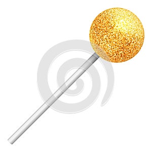 Golden lollipop on a stick on a white background. A realistic sweet candy. Vector illustration