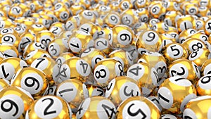 Golden lottery balls stack background. 3d illustration