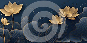 Golden lotus line arts on dark blue background luxury gold wallpaper design wedding background