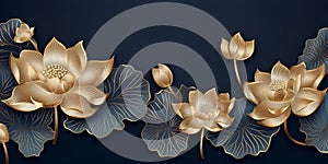 Golden lotus line arts on dark blue background luxury gold wallpaper design wedding background