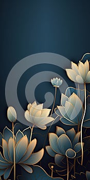 Golden lotus line arts on dark blue background luxury gold wallpaper design wedding background