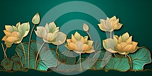 Golden lotus line arts on green background luxury gold wallpaper design wedding background