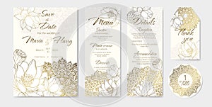 Golden lotus pattern for floral Wedding card, Save the date, Thank you, Menu postcard. Invitations design template with
