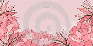 Golden lotus and tropical flowers line arts on pink background. Luxury gold wallpaper design for prints, banner, poster