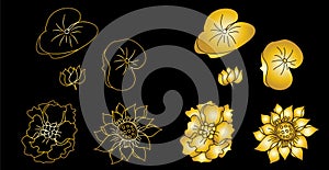 Golden Lotus vector flower for printing on paper and for tattoo design.