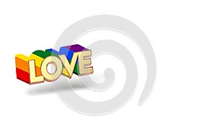 Golden LOVE word with rainbow outline. LGBTQ love symbol concept. Isolated on white background with copy space. 3D rendering