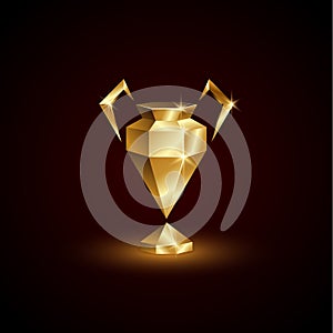 Golden Low Poly Champions Cup. Abstract Polygonal 3D Soccer League Trophy on Black Background.