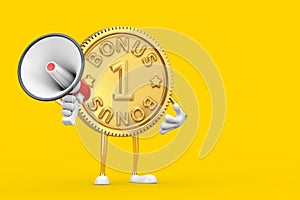 Golden Loyalty Program Bonus Coin Person Character Mascot with Red Retro Megaphone. 3d Rendering