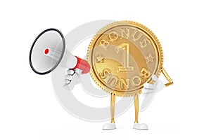 Golden Loyalty Program Bonus Coin Person Character Mascot with Red Retro Megaphone. 3d Rendering