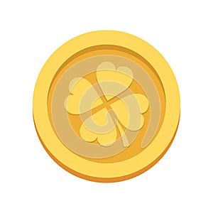 Golden lucky coin with clover leaves. St.Patrick 's Day. Vector illustration. EPS 10